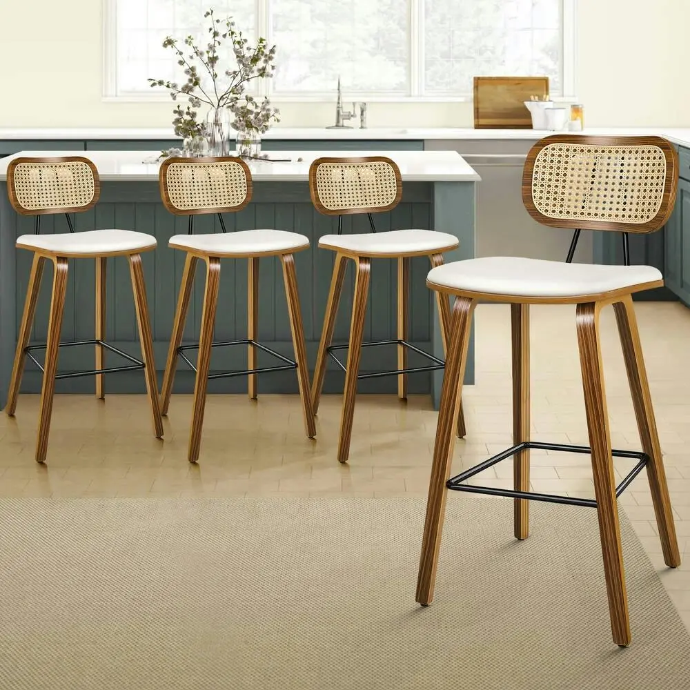 Alfordson 4x Bar Stools Kitchen Vintage Leather Seat Rattan Chair Wooden White - Shop Dining Chairs & Bar Stools