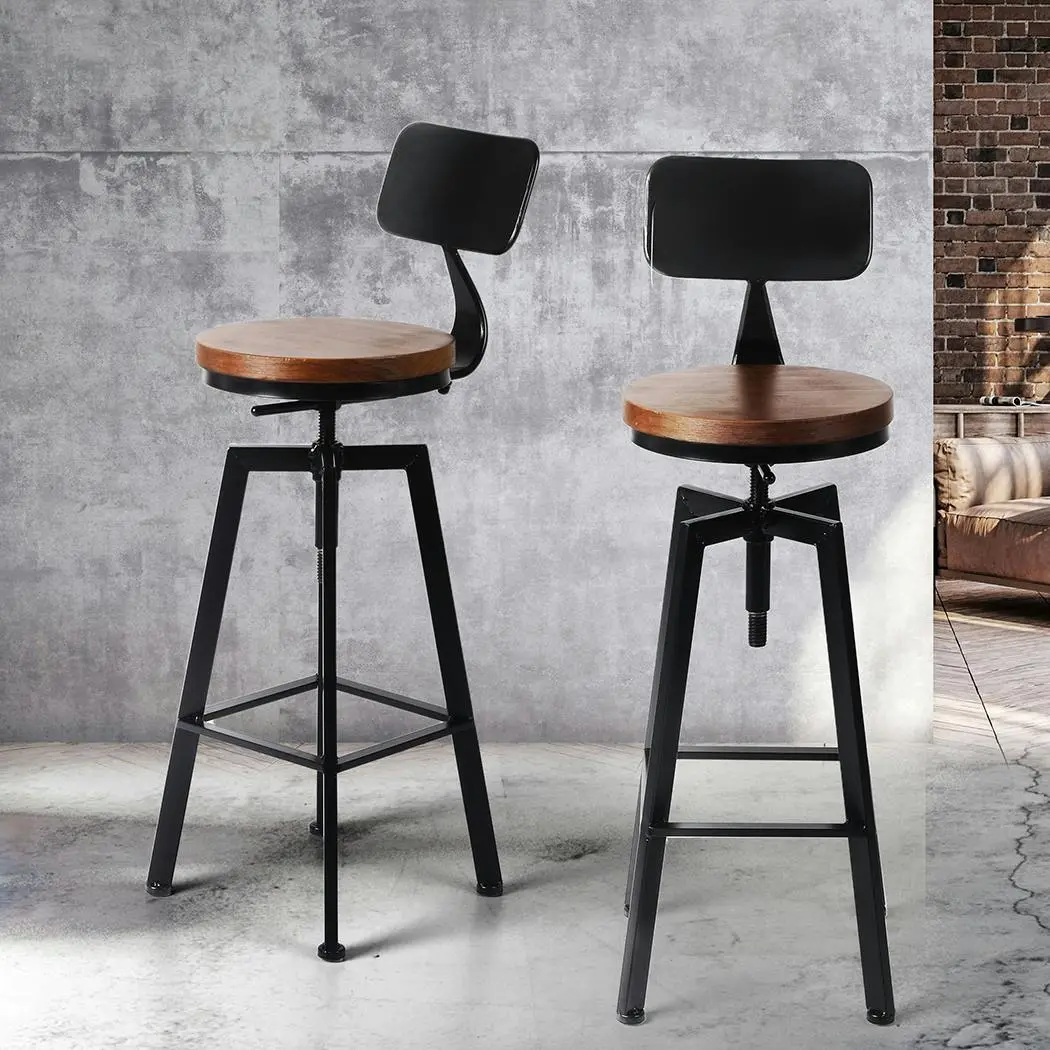 Levede 2x Bar Stool Kitchen Wooden Metal Backrest Barstools Industrial Swivel - Furniture