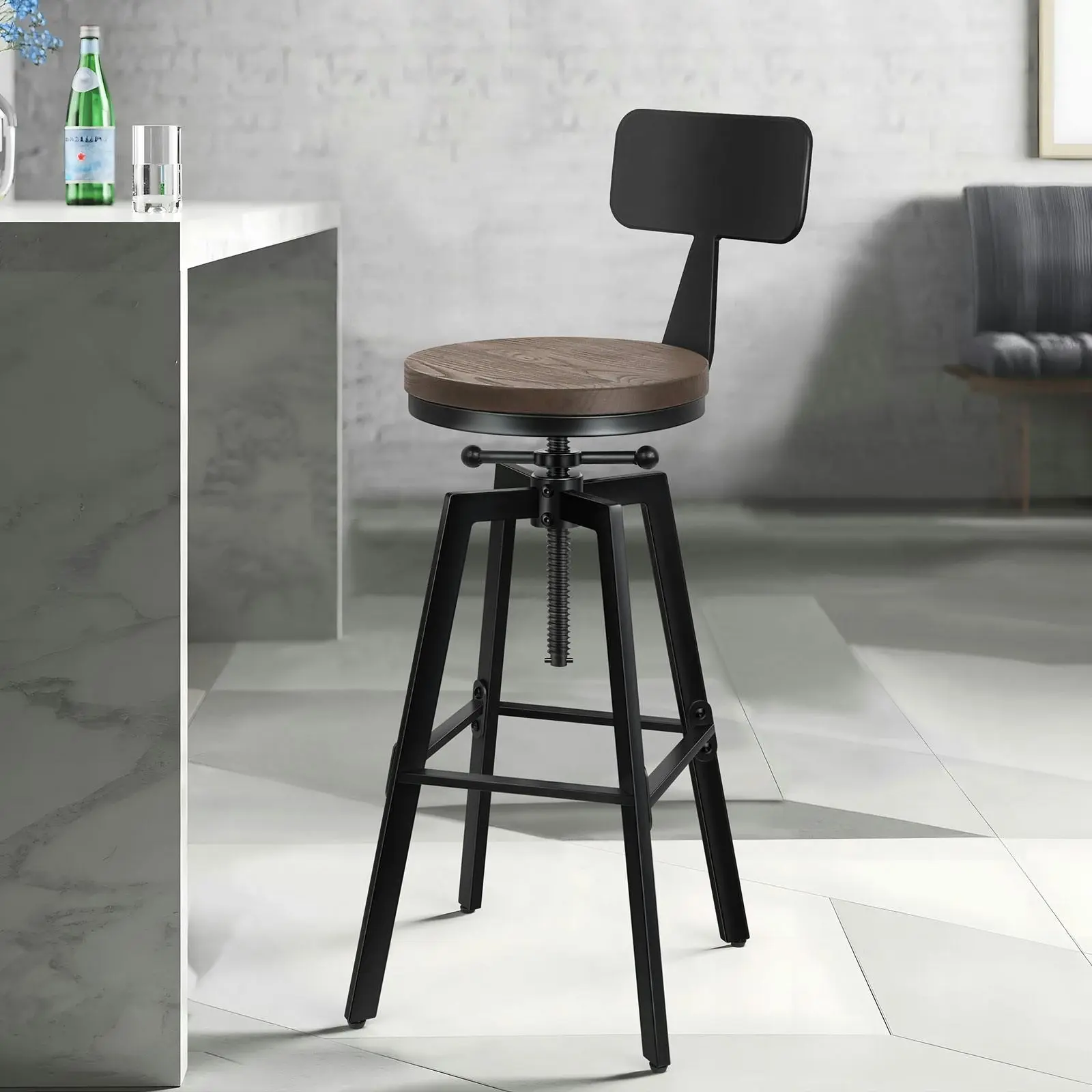 Alfordson 1x Bar Stool Retro Kitchen Vintage Chair Industrial Backrest Ezra - Furniture