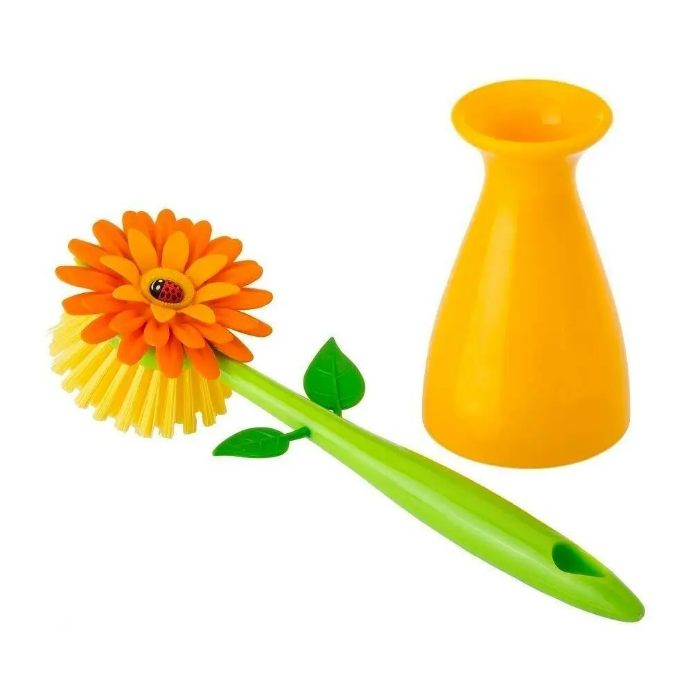 Vigar Flower Power Dish Brush Kitchen Plate/Bowl Cleaner Scrubber w/ Vase Orange - Home & Garden
