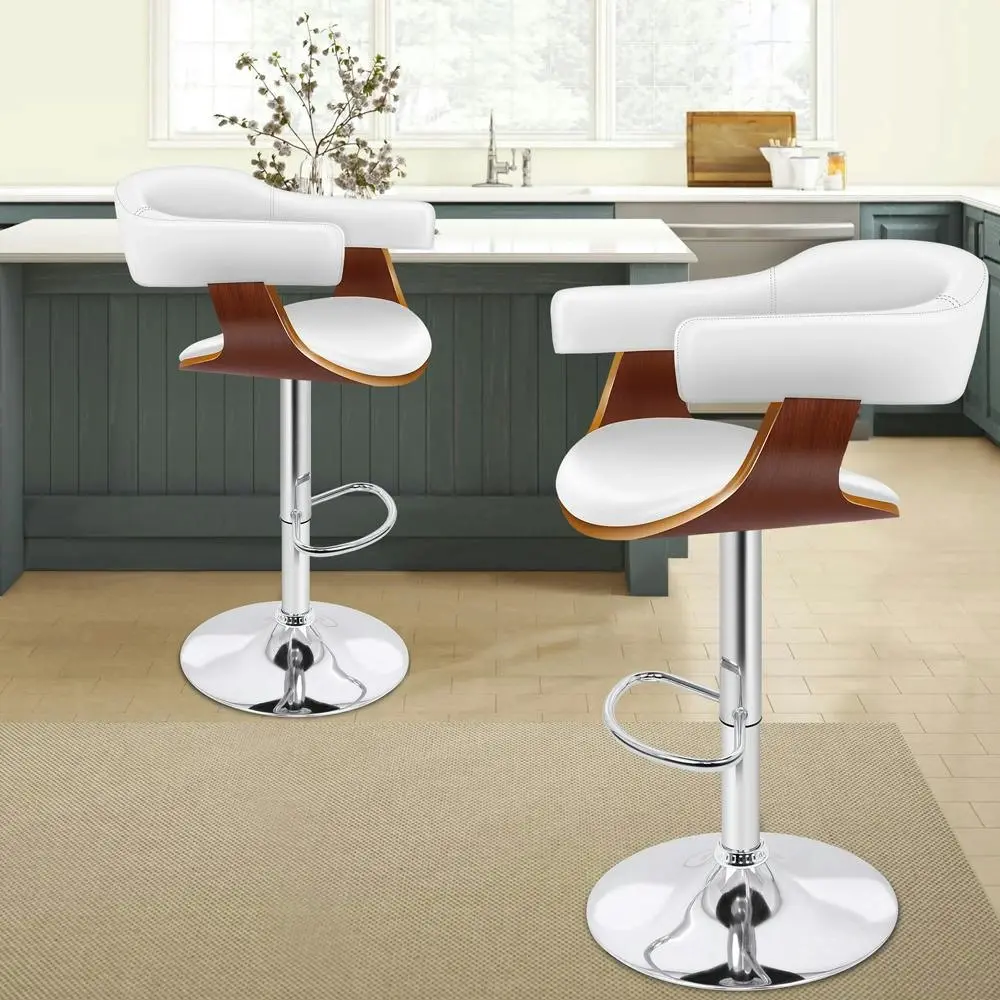Alfordson 2x Bar Stool Joan Kitchen Swivel Chair Wooden Leather Gas Lift White - Furniture