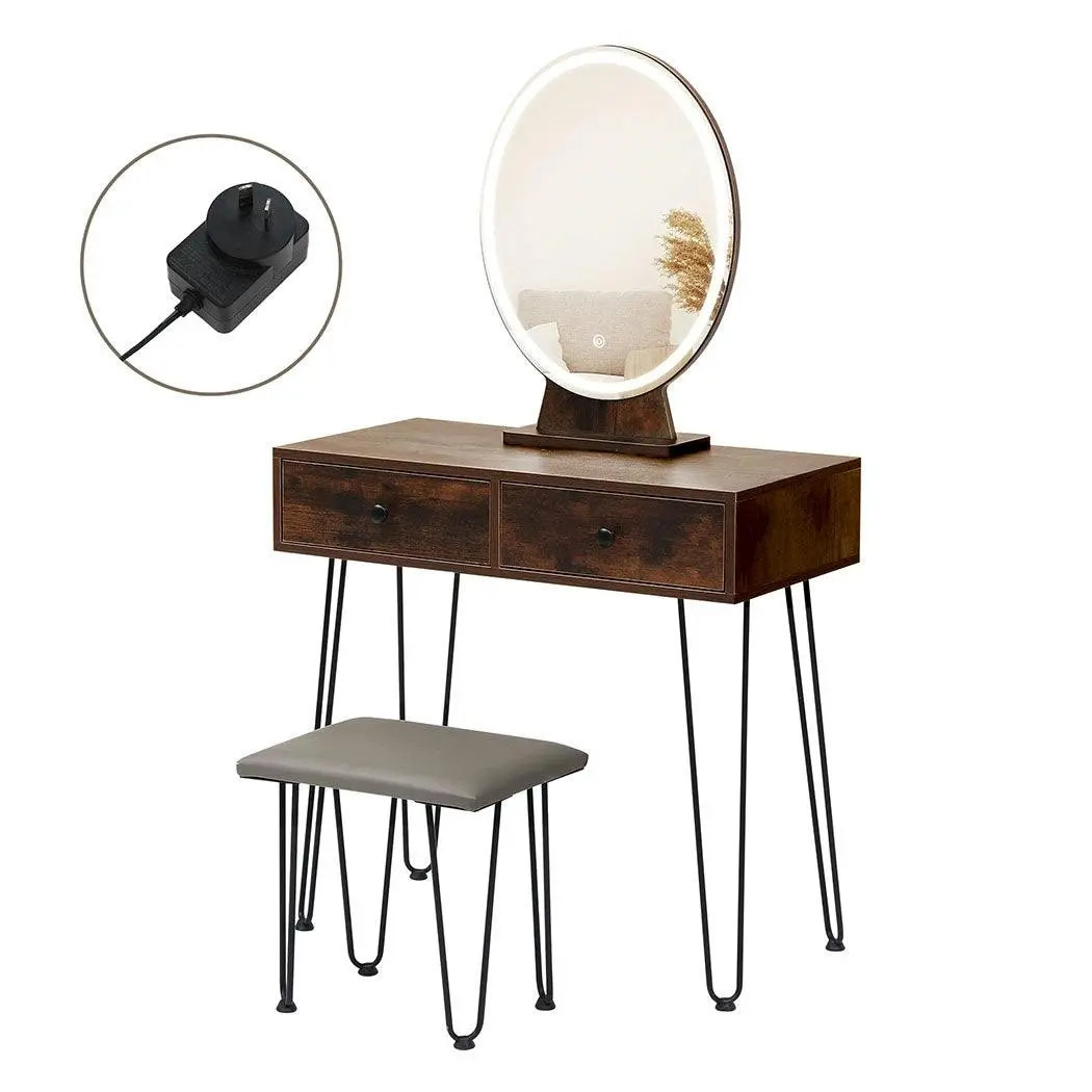 Levede Dressing Table LED Light Strip Makeup Mirror Stool Set Vanity Desk Brown - Furniture