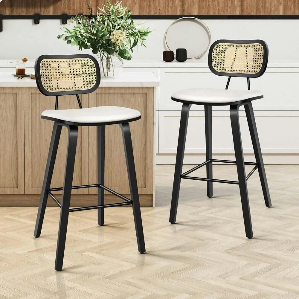 Alfordson 2x Bar Stools Kitchen Vintage Leather Seat Rattan Chair Black White - Furniture
