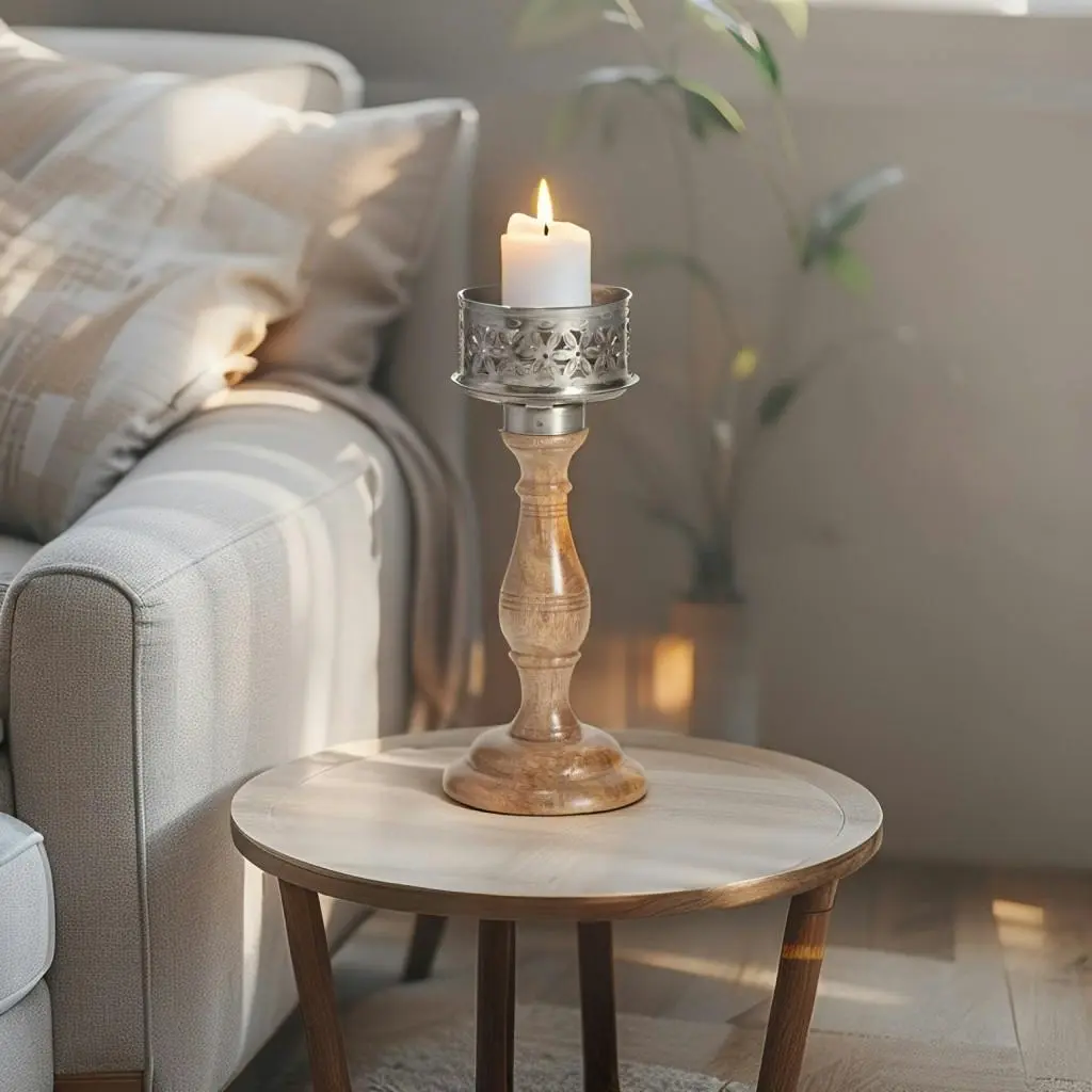 Willow & Silk Wooden Vintage 35cm Bloom Pillar Candle Holder - Home & Garden