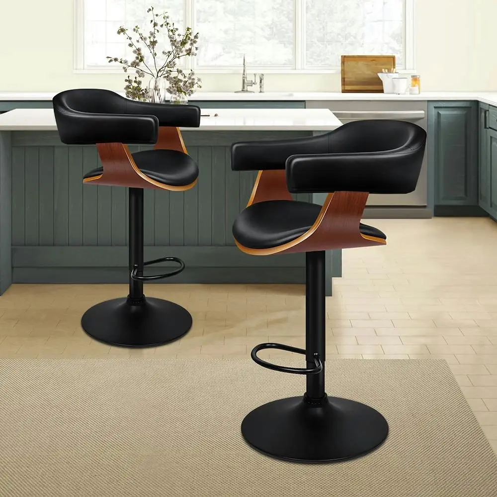 Alfordson 2x Wooden Bar Stool Joan Kitchen Swivel Chair Wood Leather Gas Lift - Furniture