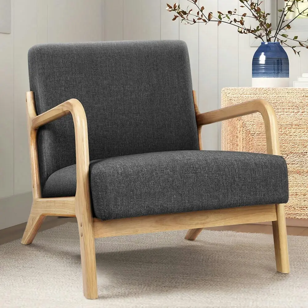 Alfordson Wooden Armchair Lounge Chair Fabric Seat Grey - Over 40% off Living Room Furniture