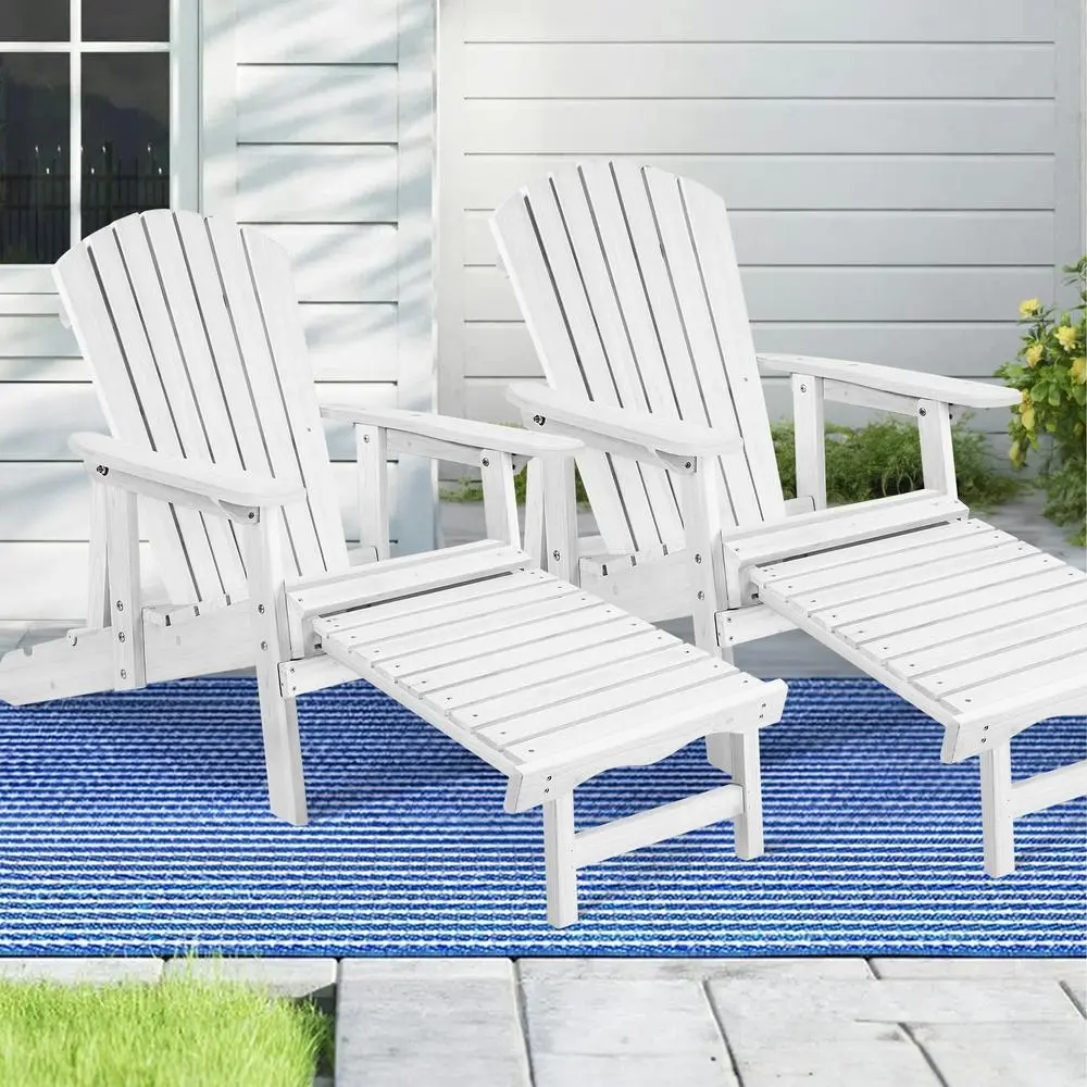Alfordson 2x Outdoor Chairs Wooden Adirondack w/ Ottoman Patio Beach Garden White - Furniture
