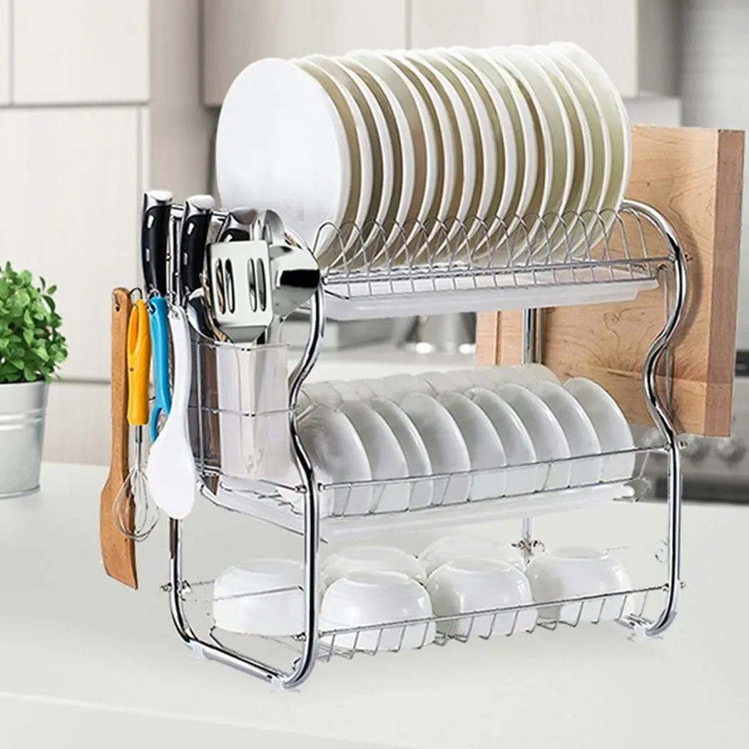 Toque Dish Rack Drying Drainer Cup Holder Cutlery Tray Kitchen Organiser 3 Tier - Home & Garden