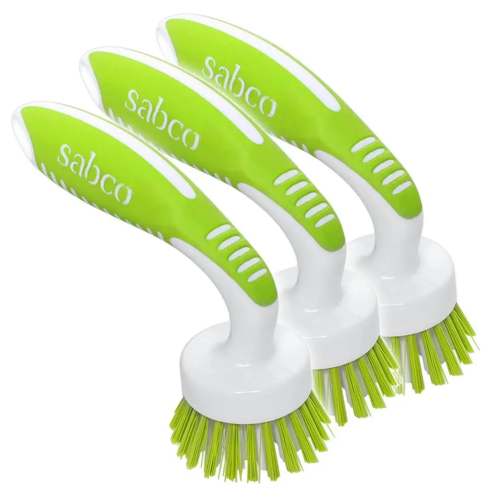 3x Sabco Curved Head Kitchen Brush Dirt/Grime Cleaning/Scrubbing Durable GRN/WHT - Home & Garden