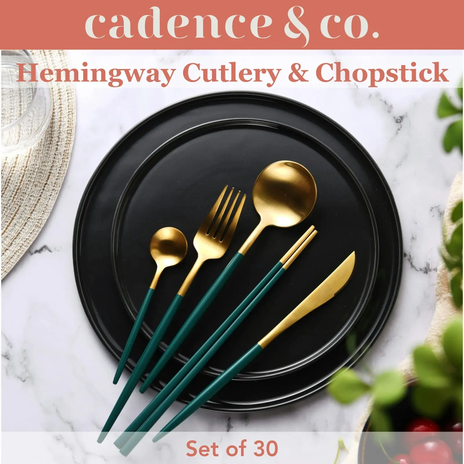 Cadence & Co Hemingway Cutlery and Chopstick Set 30 Piece Matte Green/Gold - Home & Garden