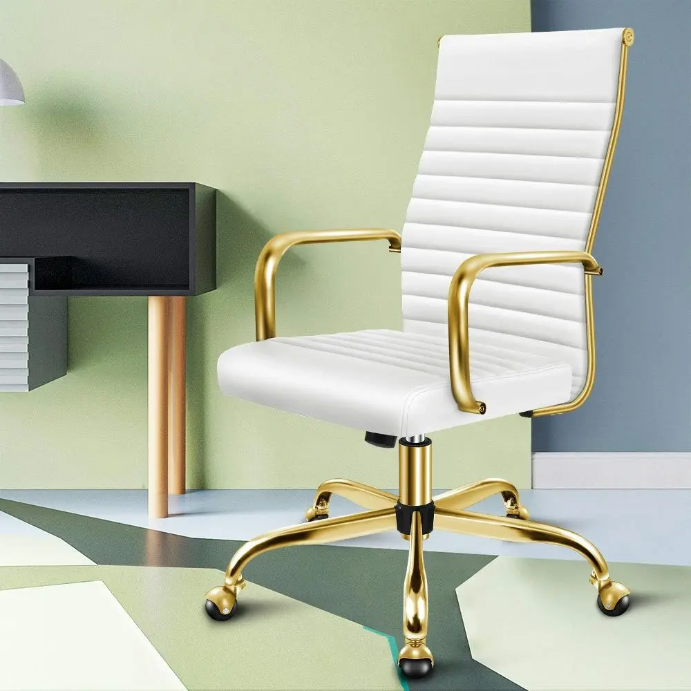 Alfordson High Back Padded PU Leather Office Chair Gold White - Save up to 70% Off Office Furniture Specials