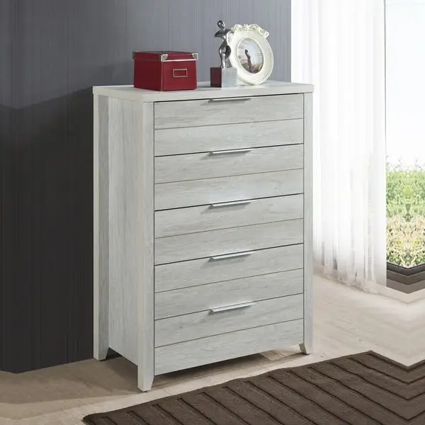 Tallboy with 5 Storage Drawers Natural Wood like MDF in White Ash Colour - Furniture