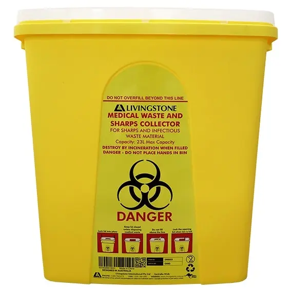 Livingstone Needles Sharps Waste Collector, 23 Litres, with Sliding Lid and Finger Guard, Recyclable Plastic, Each - Commercial