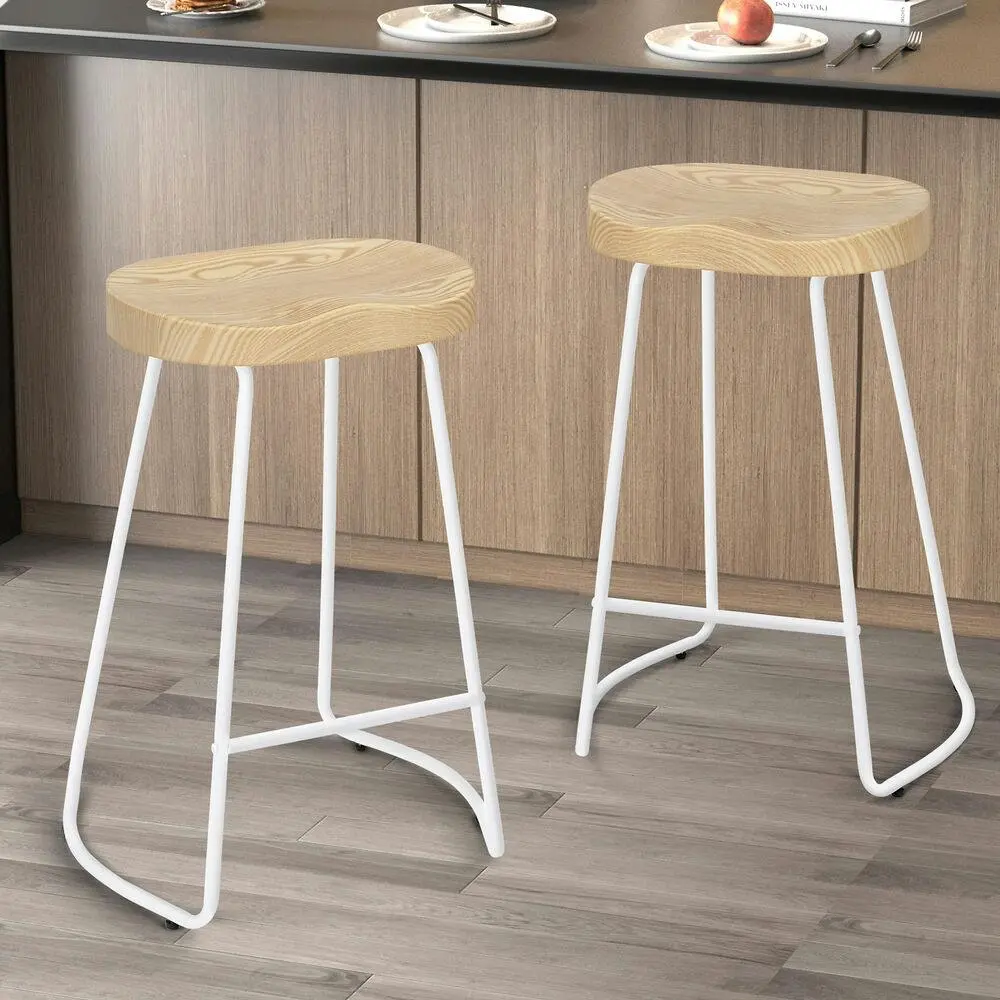 Alfordson 2x Bar Stools 65cm Tractor Kitchen Wooden Vintage Chair White - Furniture