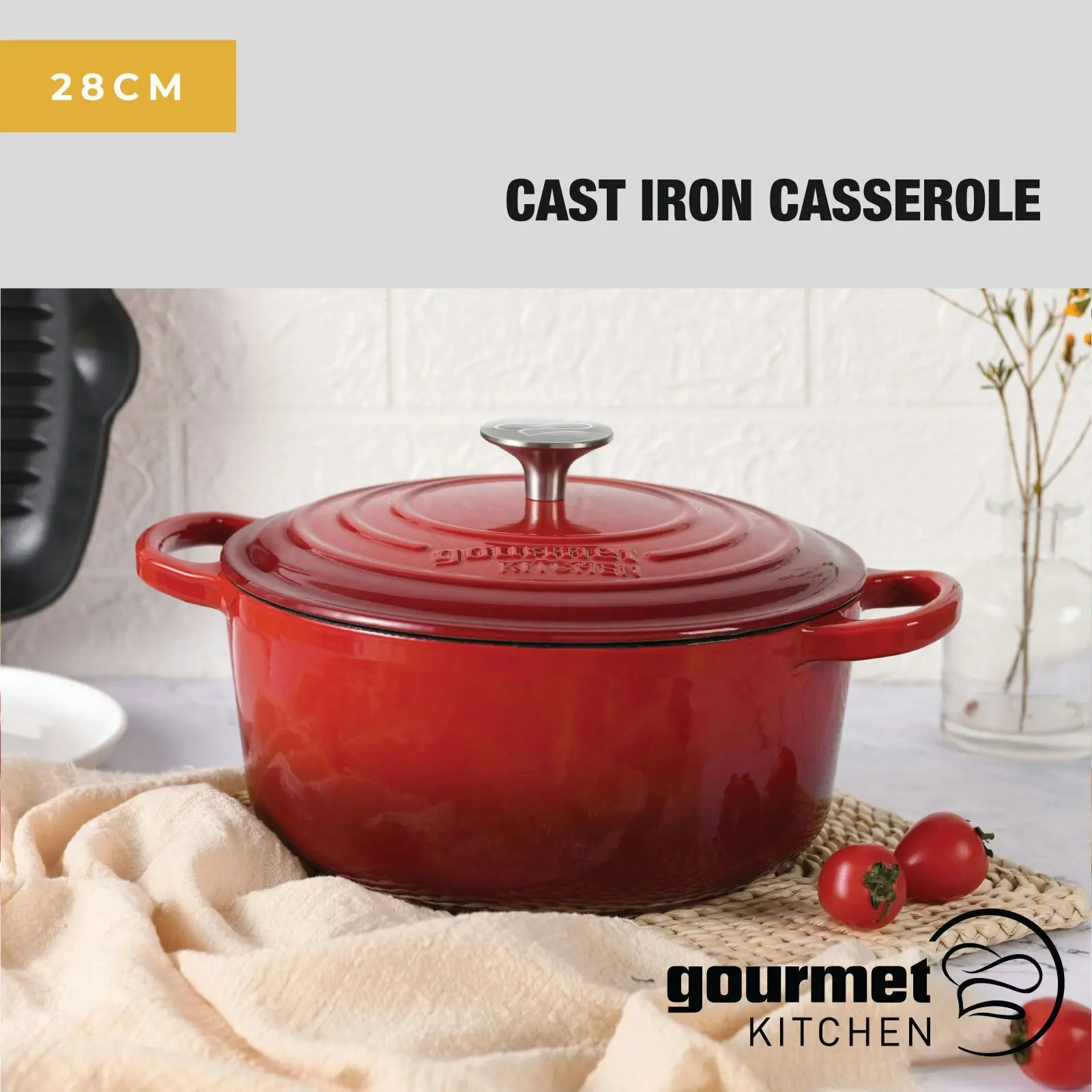 Gourmet Kitchen Cast Iron Casserole 28 cm Black Cherry Red - Home & Garden