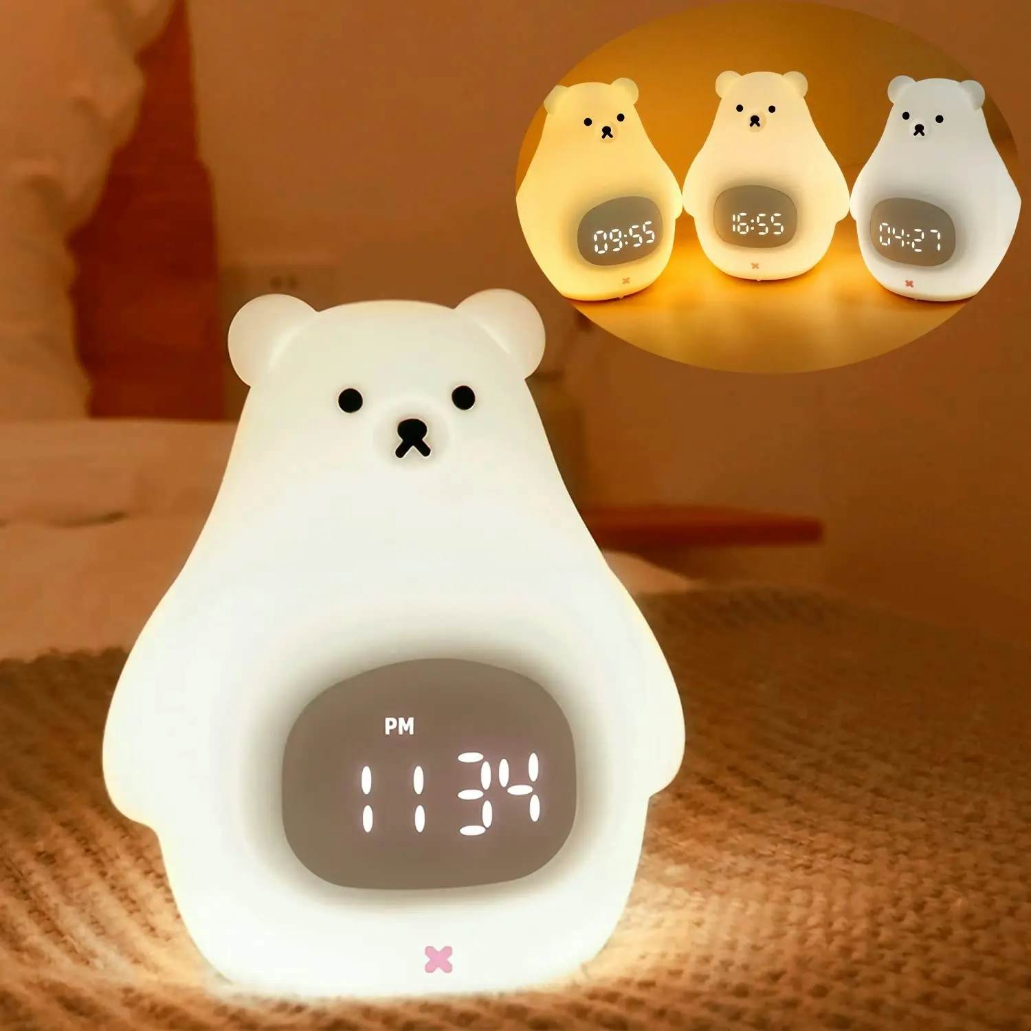Bear Night Light Alarm Clock Silicone Portable Nursery Light USB Nightlight - Home & Garden