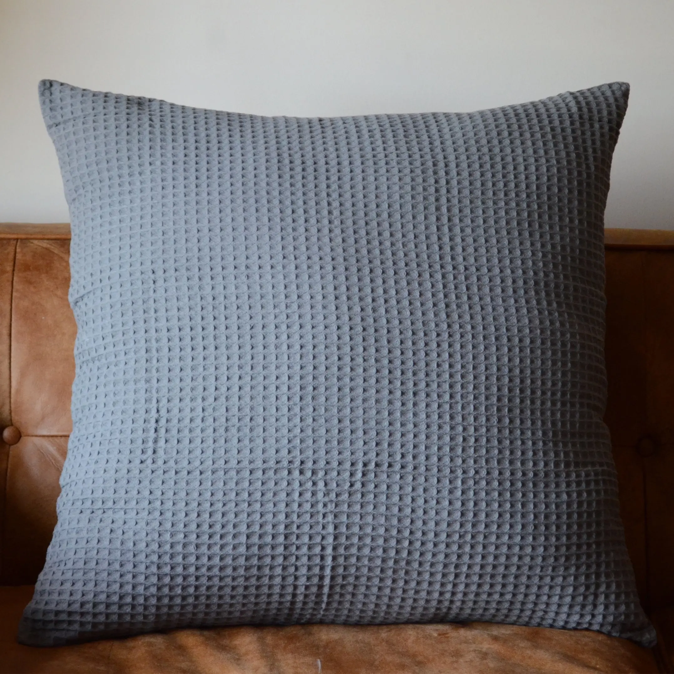 A Pair of 100% Cotton Grey Chunky Waffle European Covers 65x65cm - Home & Garden