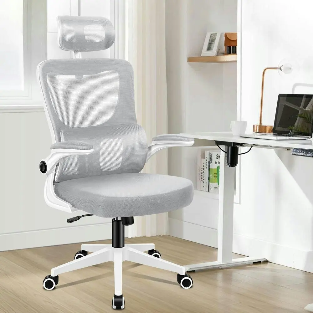 Alfordson Headrest Adjustable Mesh Office Chair with Flip-up Arms White Grey