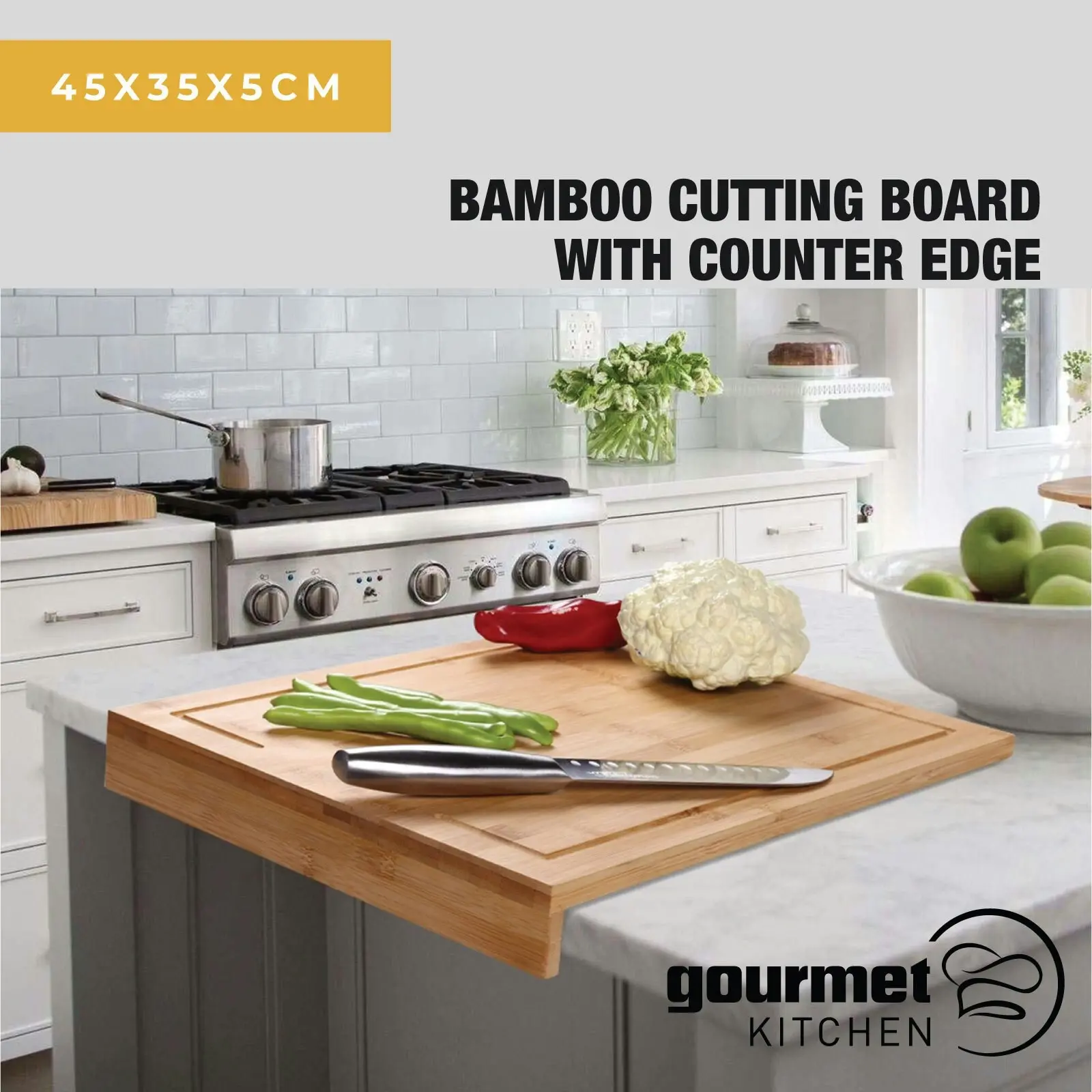 Gourmet Kitchen Bamboo Cutting Board with Counter Edge Natural Brown 45x35x5cm - Home & Garden