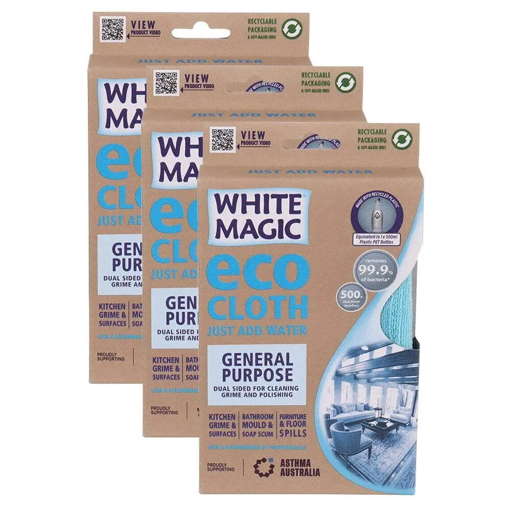 3x Eco Cloth 20x12cm General Purpose Dual-Sided Kitchen/Bathroom Grime Cleaner