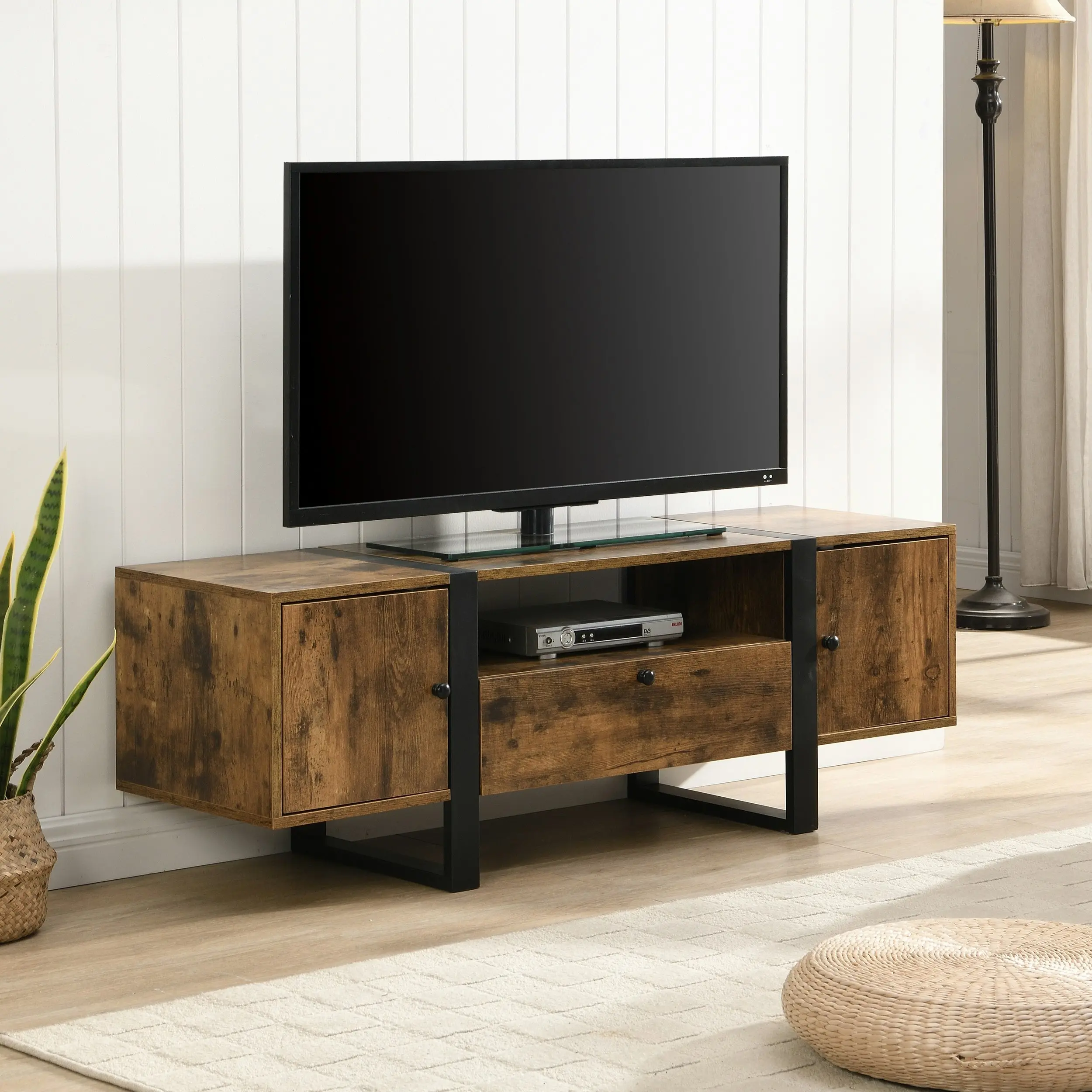 IHOMDEC Industrial Metal & Wood TV Cabinet TV Stand with Cabinets and Open Shelf Rustic Dark Brown - Furniture