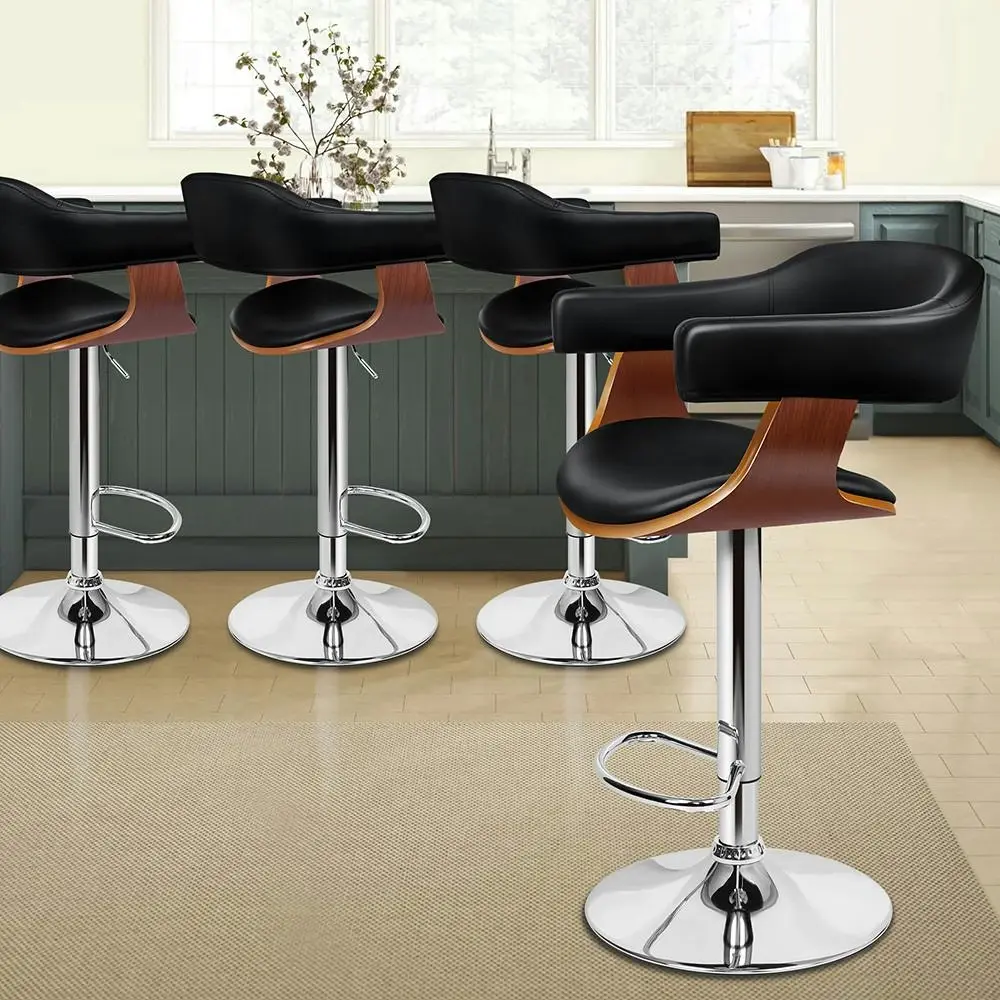 Alfordson 4x Wooden Bar Stool Joan Kitchen Swivel Chair Wood Leather Black - Furniture