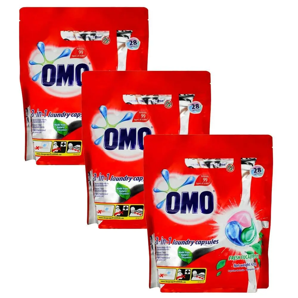 84pc Omo 3-In-1 Laundry Cleaning Capsules Fresh Eucalyptus Front & Top Loader