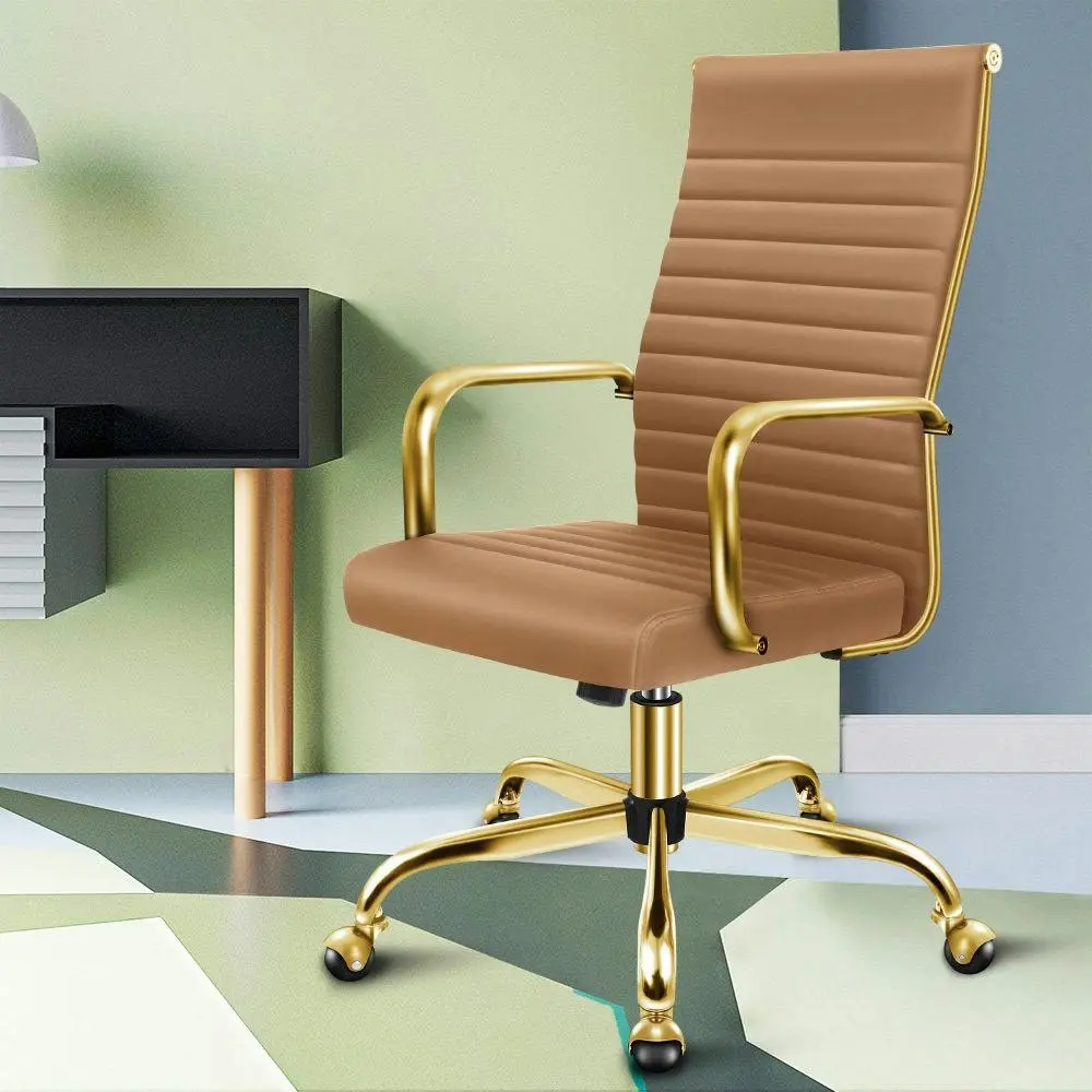Alfordson High Back Padded PU Leather Office Chair Gold Brown - Furniture