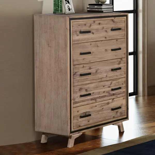 Tallboy with 5 Storage Drawers Solid Acacia Wooden Frame in Silver Brush Colour - Furniture