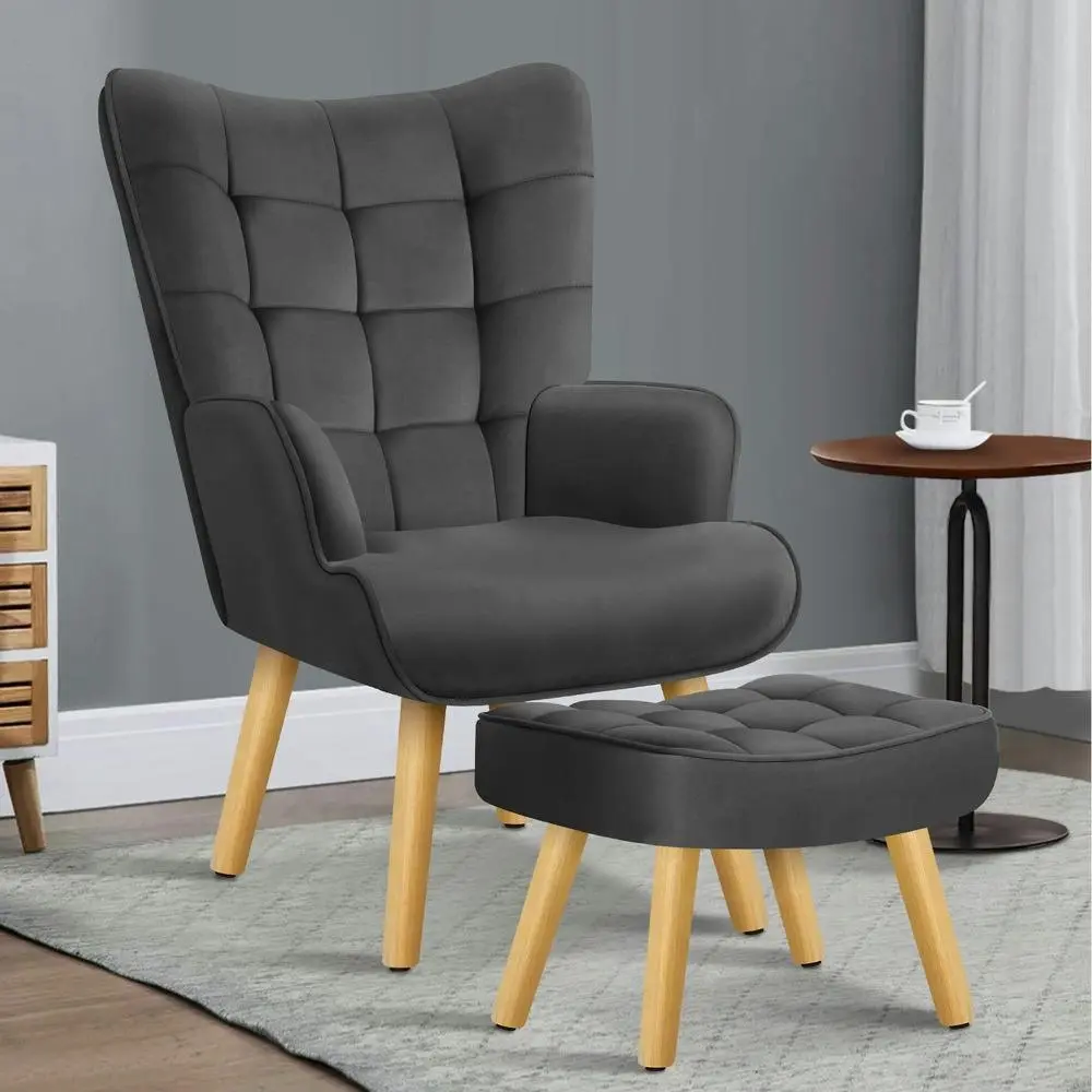 Alfordson Wooden Armchair Accent Chair Ottoman Velvet Dark Grey - Furniture