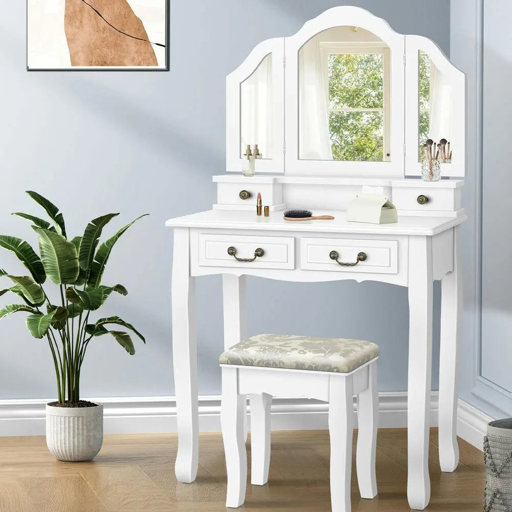 Alfordson Dressing Table Stool Set Foldable White - Furniture