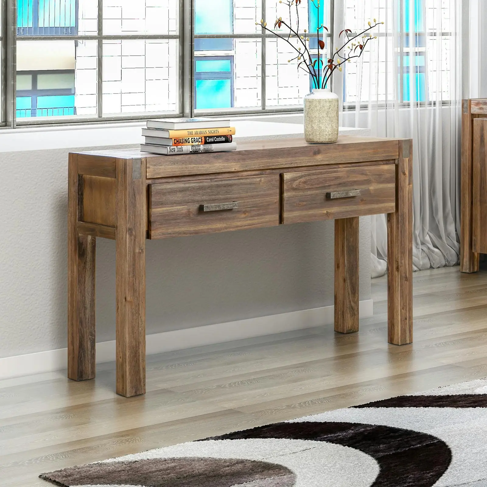 Hall Table 2 Storage Drawers Solid Acacia Wooden Frame Hallway in Chocolate Color - Furniture