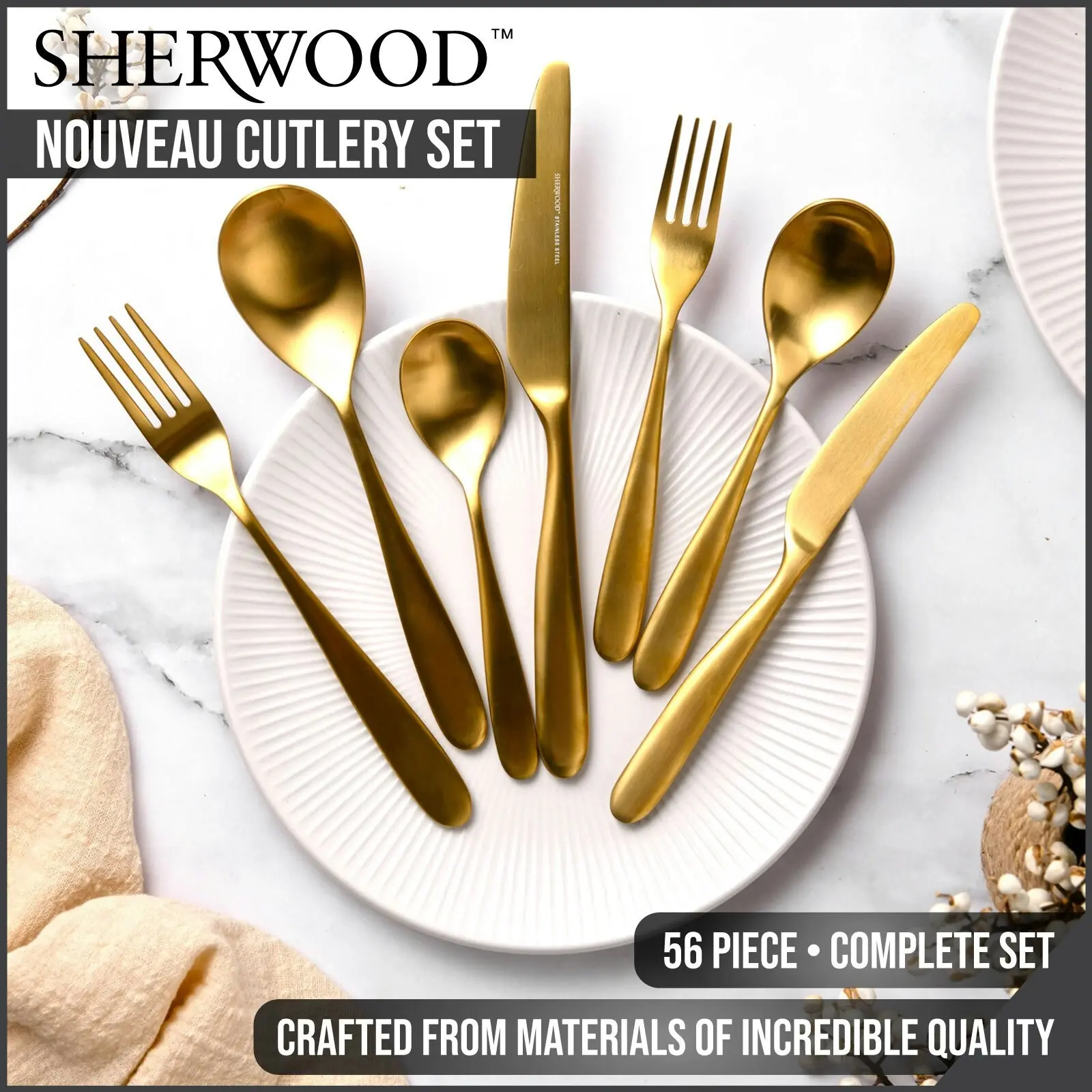 Sherwood Nouveau 56 Piece Cutlery Set Matte Gold - Home & Garden