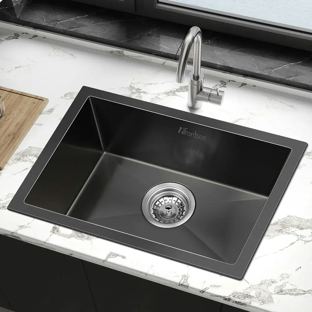 Alfordson Kitchen Sink Stainless Steel Drop in Flush Under Mount 450X300MM Black - Hardware