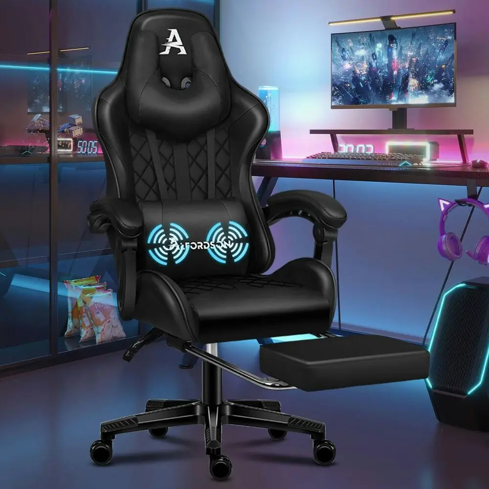 Alfordson Gaming Chair PU Leather with Footrest Black - Furniture