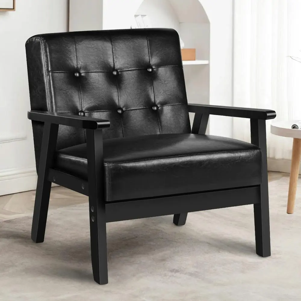 Alfordson Wooden Armchair Accent Lounge Chair PU Leather Seat Sofa Couch Black - Furniture