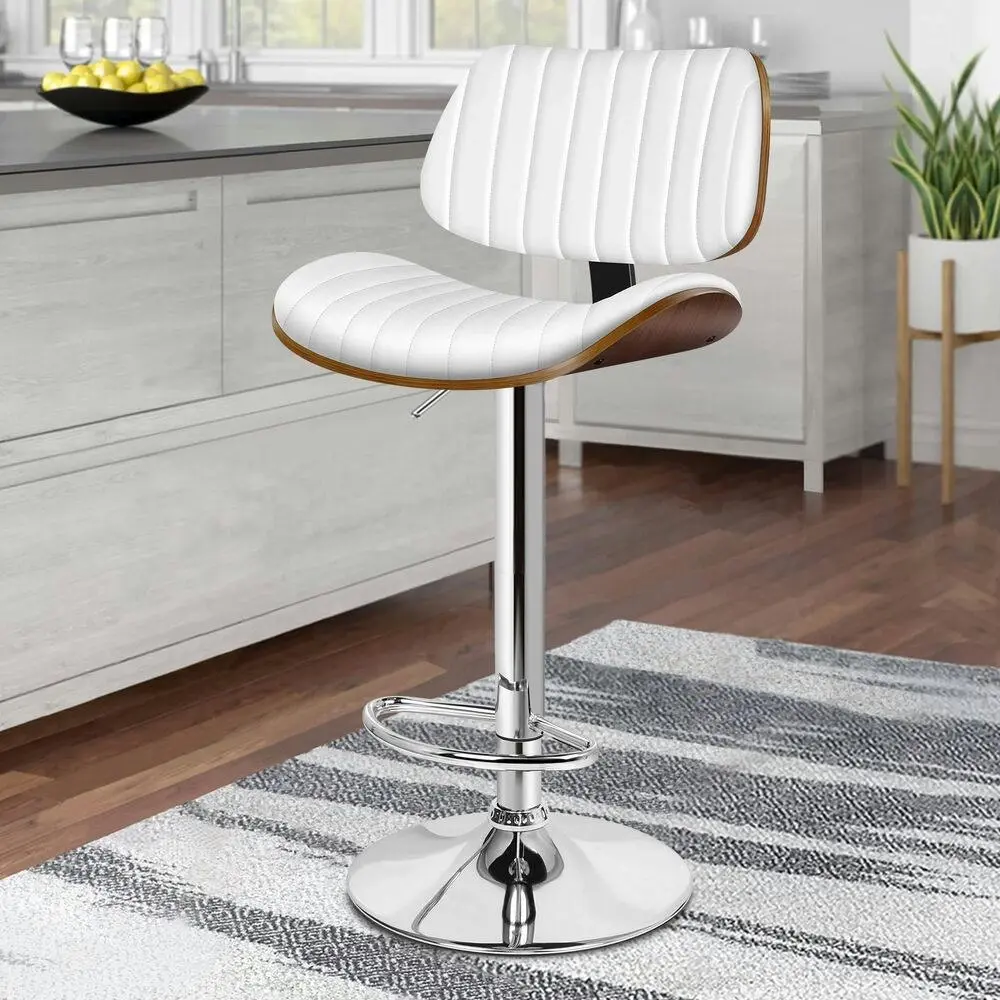 Alfordson 1x Bar Stool Kitchen Swivel Chair Wooden Leather Gas Lift White - Furniture