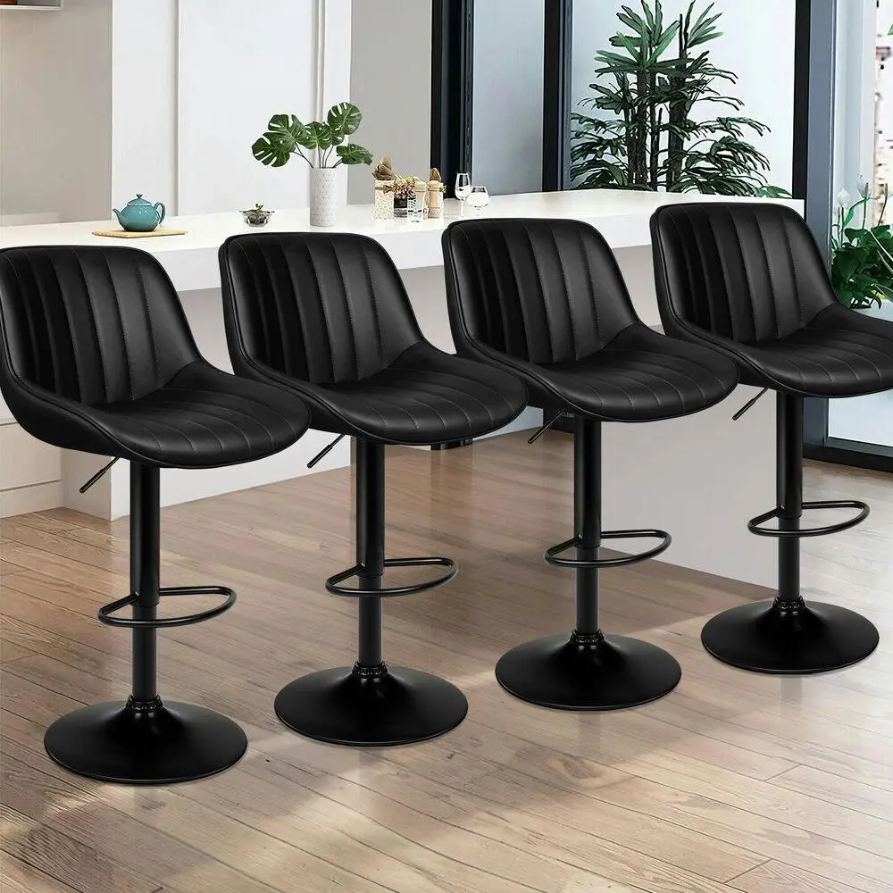 Alfordson 4x Bar Stools Gas Lift Leather Bar Chairs Kitchen Swivel ALL BLACK - Furniture