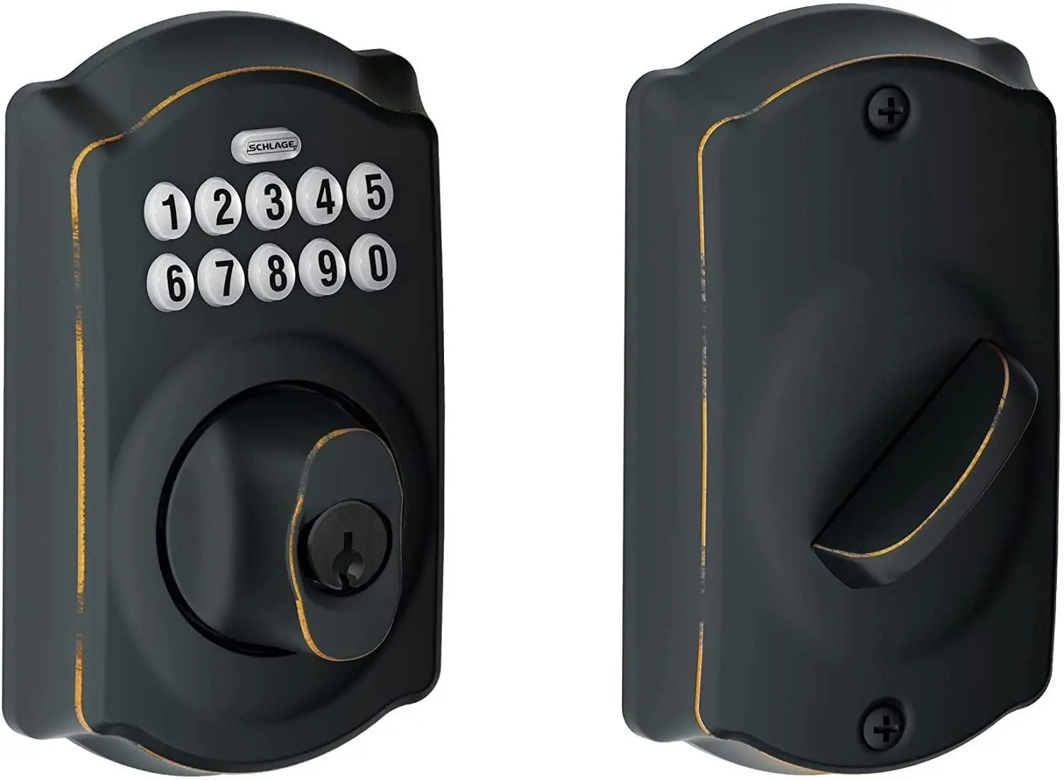 Schlage BE365 V CAM 716 Camelot Keypad Deadbolt Electronic Keyless Entry Lock, Aged Bronze - Hardware