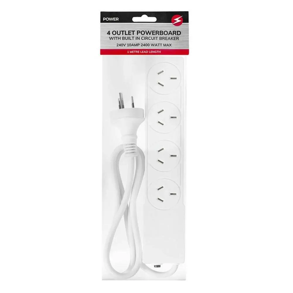 Power 4 Outlet Powerboard 1m Lead Extension Power Board Strip Cord/Socket White - Electronics