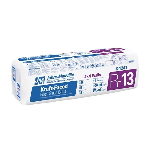 K1241 Insulation Batt, 93 in L, 15 in W, 3-1/2 in Thick, 106.56 sq-ft Coverage Area, R13 R-Value, Fiberglass