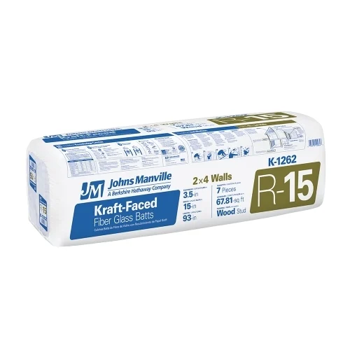 K1262 Kraft-Faced Batt Insulation, R-15, 7-3/4 ft L, 15 in W, 3-1/2 in Thick, 67.81 sq-ft Coverage Area