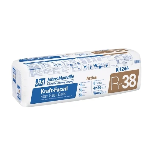 K1244 Insulation Batt, 48 in L, 16 in W, 12 in Thick, 42.66 sq-ft Coverage Area, R38 R-Value, Fiberglass