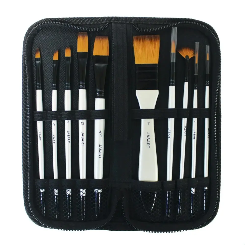 10pc Jasart Value Synthetic Bristles Paint Brush w/ Storage Wallet For Acrylic - Hobbies