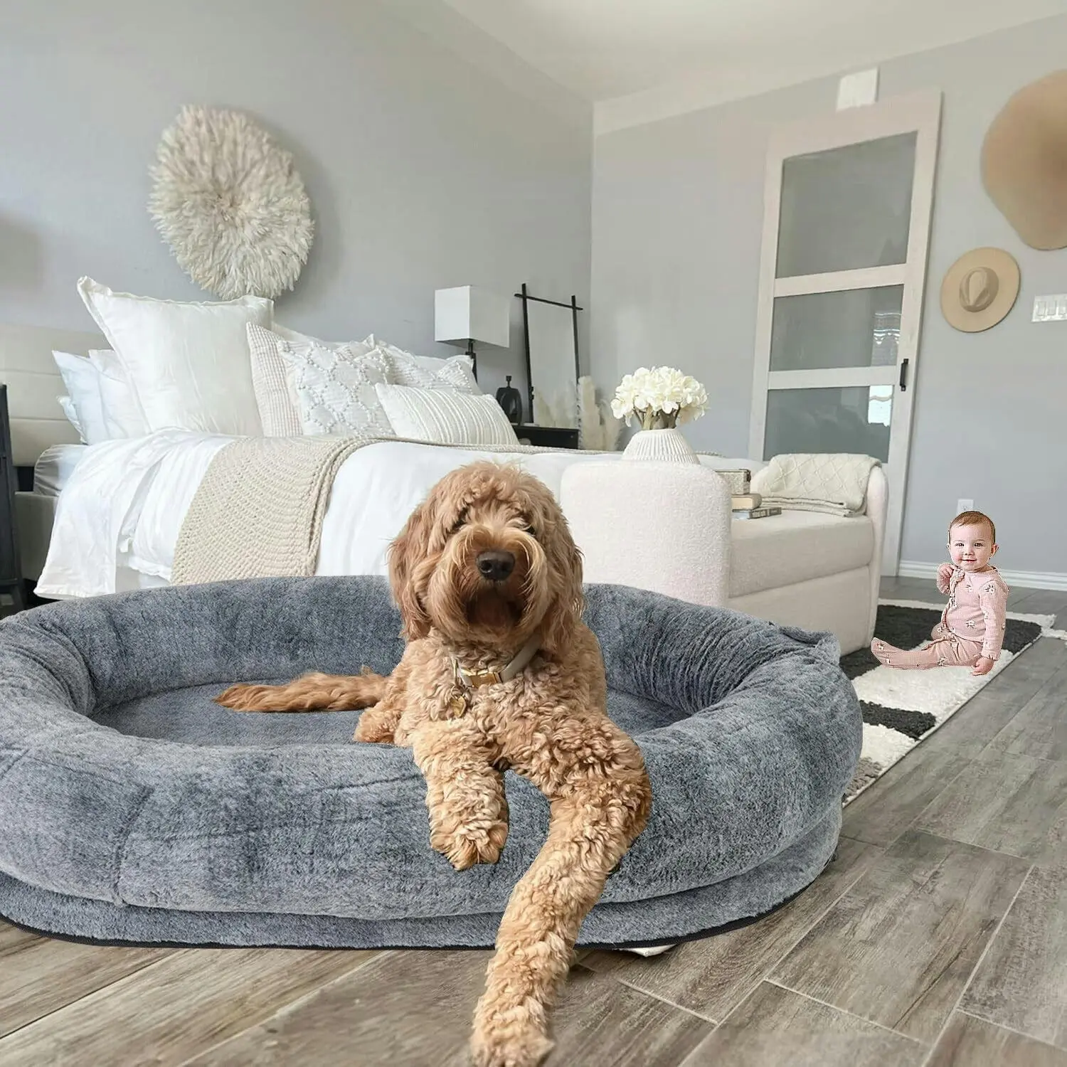 Fin Human Size Comfortable Orthopedic Pet Bed Bean Bag Washable Fur Cover & Blanket - Pets