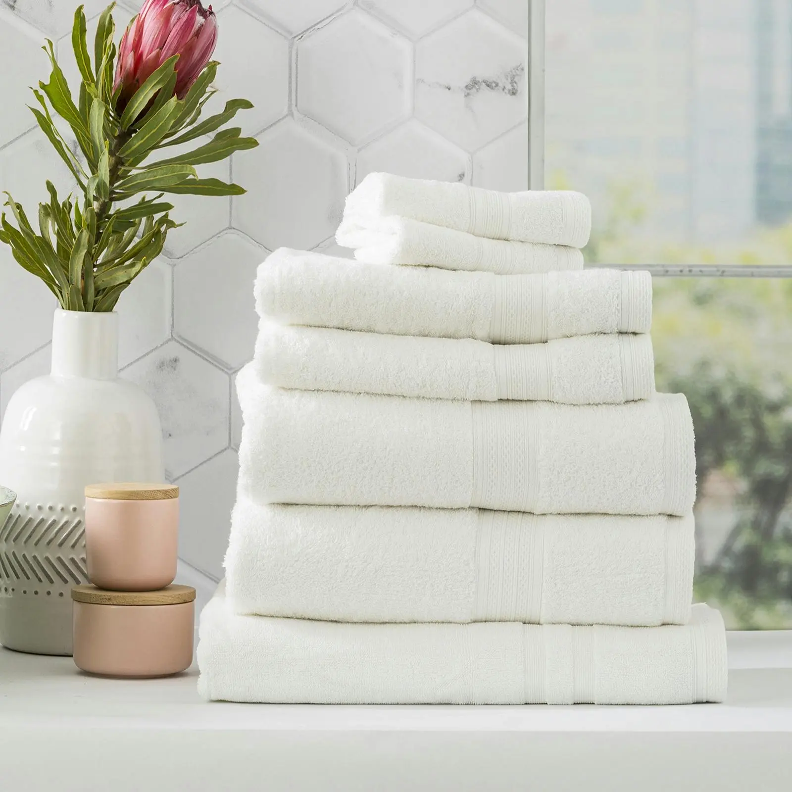 7pc Renee Taylor Stella Face/Hand Bath Towel/Mat Set 650 GSM Bamboo Cotton White - Home & Garden