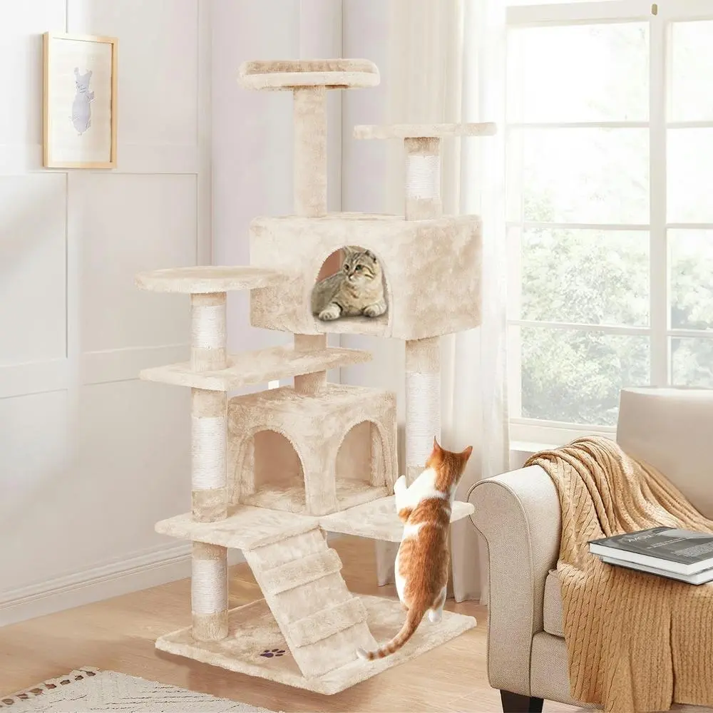 BEASTIE Cat Tree 134cm Beige Scratching Post Scratcher Tower - Pets