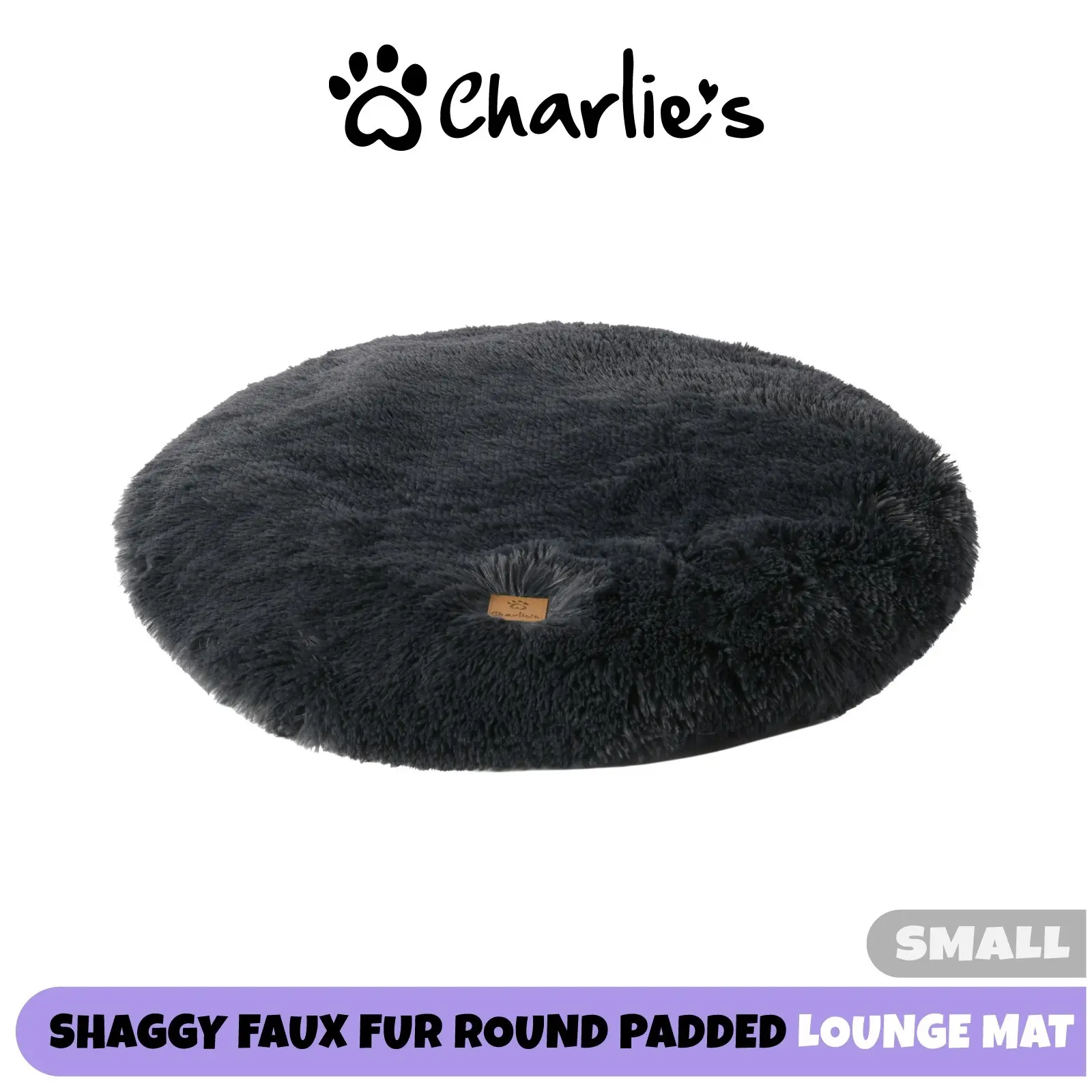 Charlie's Shaggy Faux Fur Round Calming Dog Mat Charcoal Small - Pets
