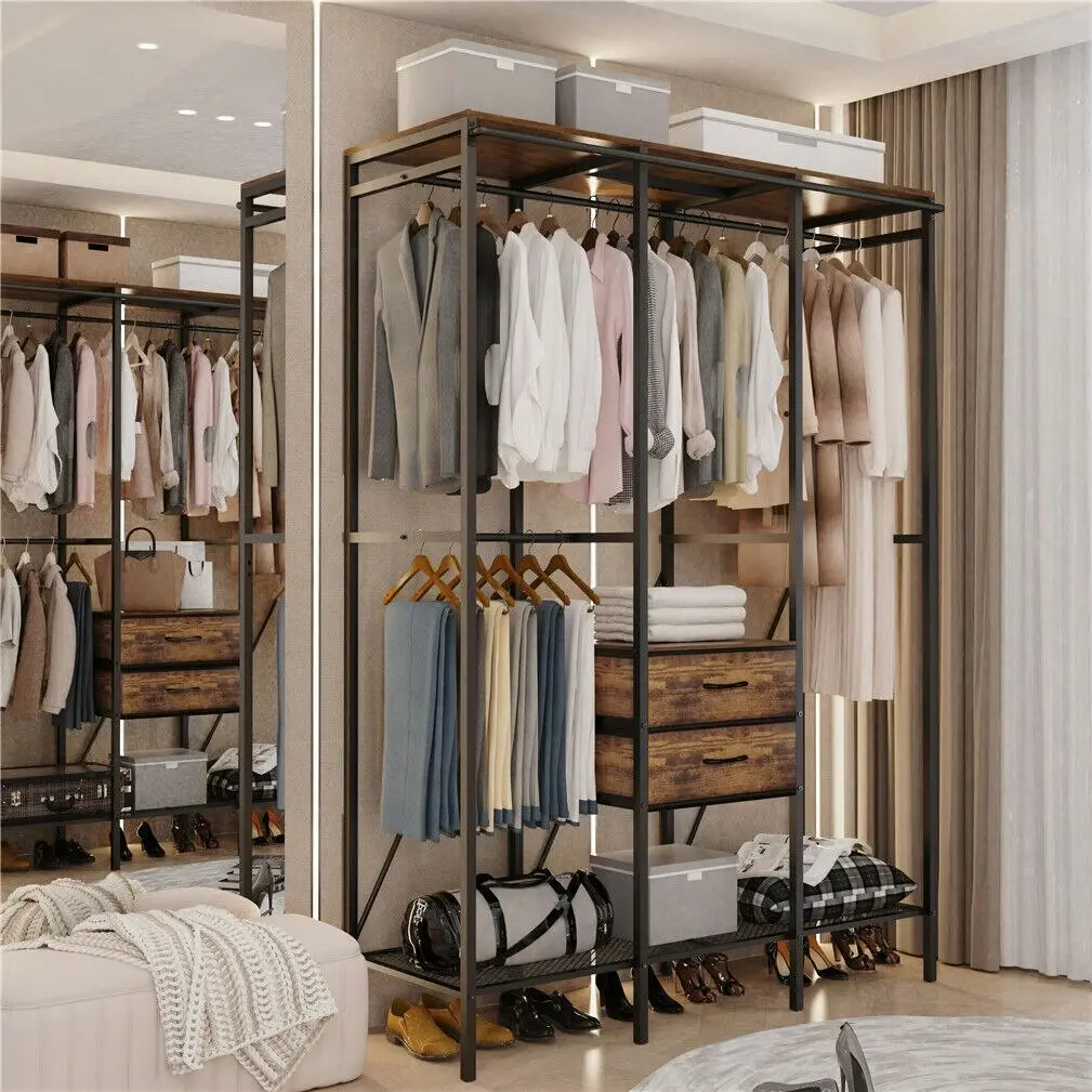 Fin Xxl Large Industrial Coat Rack Stand Open Wardrobe Clothes Rail W Drawer Shelves - Home & Garden