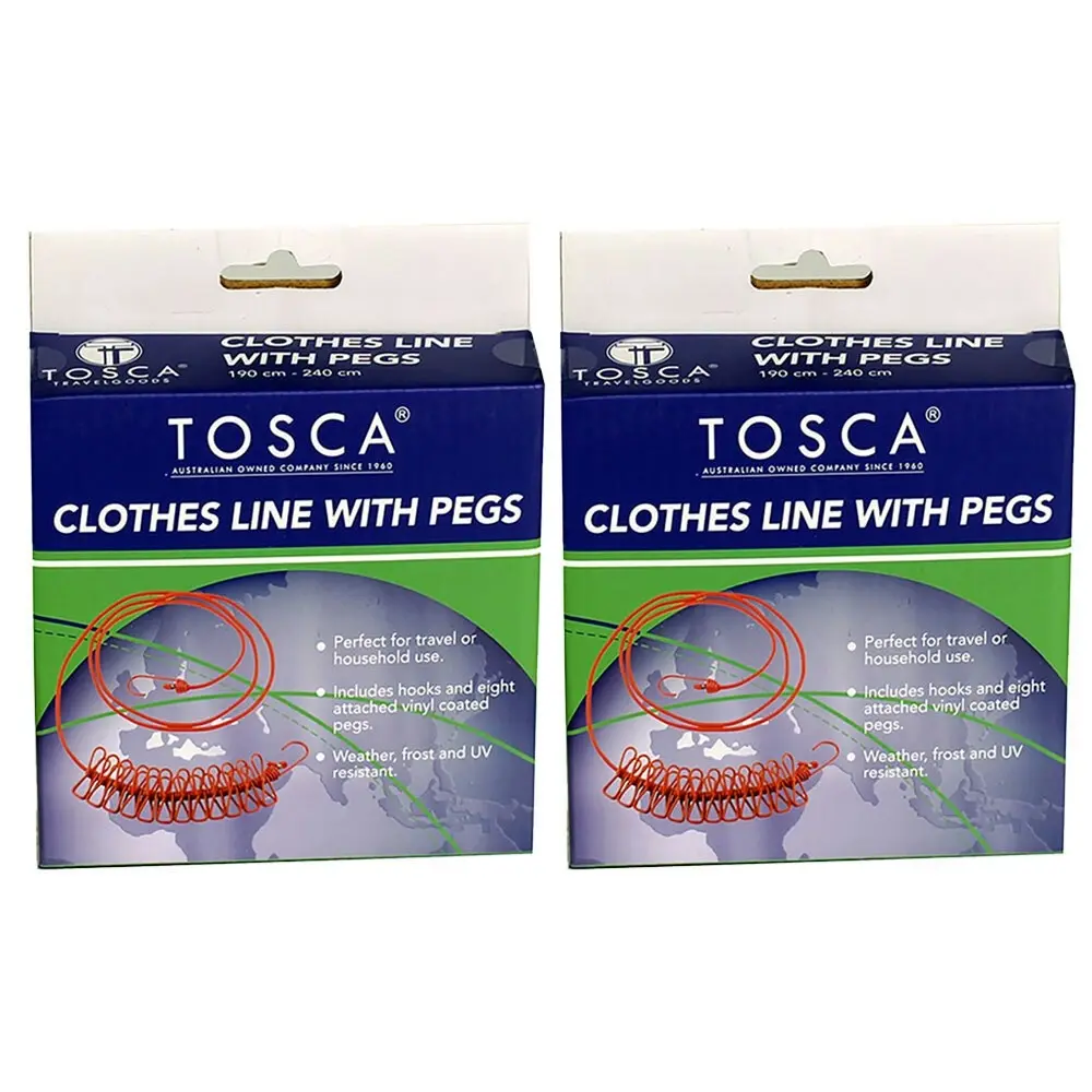 2x Tosca Travel Portable 2m Elasticated Clothes Drying Line Rack With Pegs - Fashion